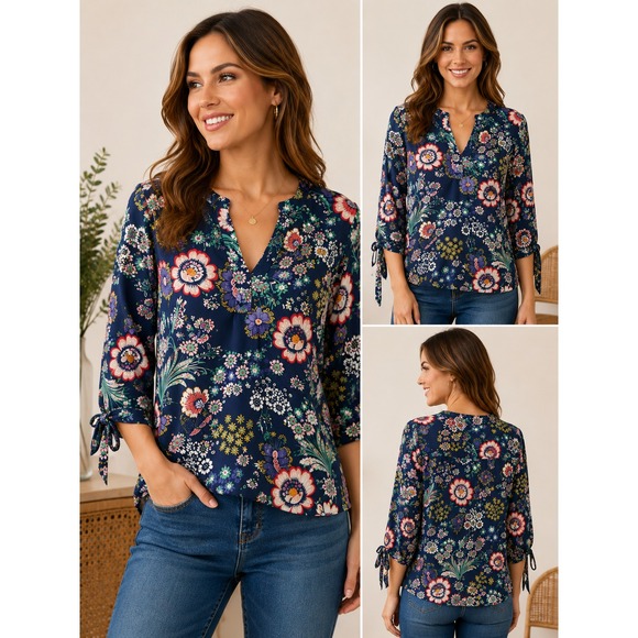 Rachel Tops - Zac & Rachel S Navy Floral Boho Blouse V Neck Long Sleeve Romantic Cottagecore